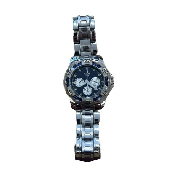 VTG Relic Mens Blue Dial Day Date Stainless ZR15279 Watch New Battery -Nice!! - Picture 2 of 6